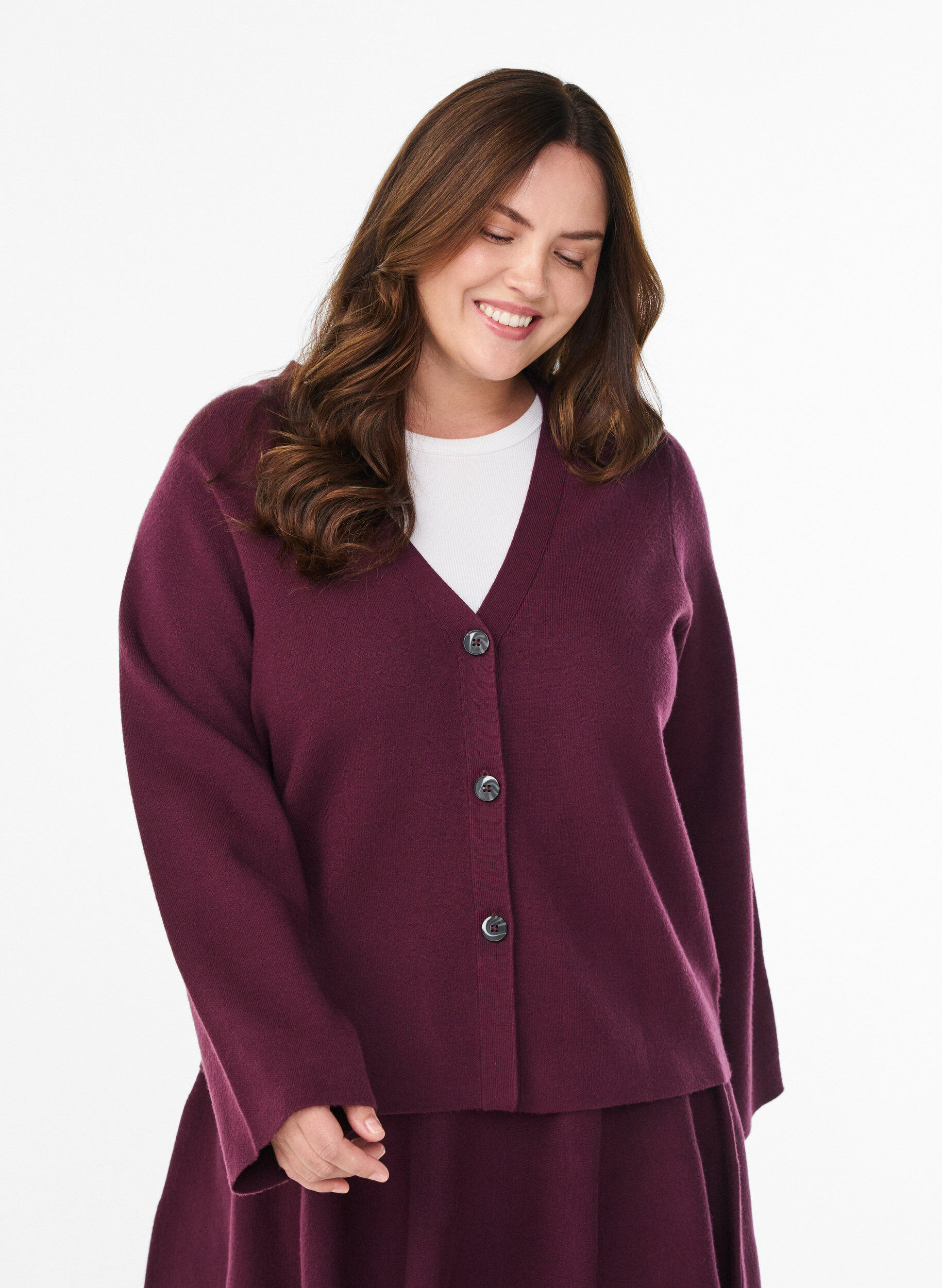 Cardigan med v-hals og vide ermer, M&oslash;rk Bordeaux, Model