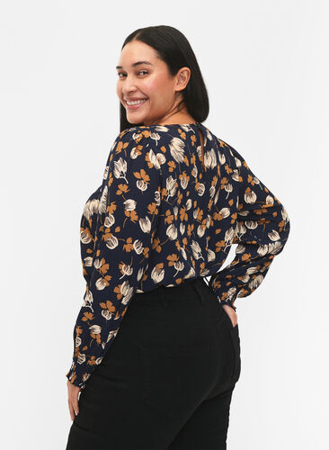 FLASH - Bluse med lange ermer og trykk	, Navy Brown Flower, Model image number 1