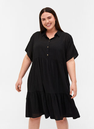 Stripete kjole i en bomullsmiks, Black, Model image number 0
