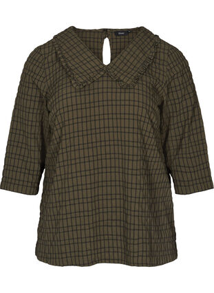 Rutete bluse med 3/4-ermer og volangkant, Ivy Green Check, Packshot image number 0