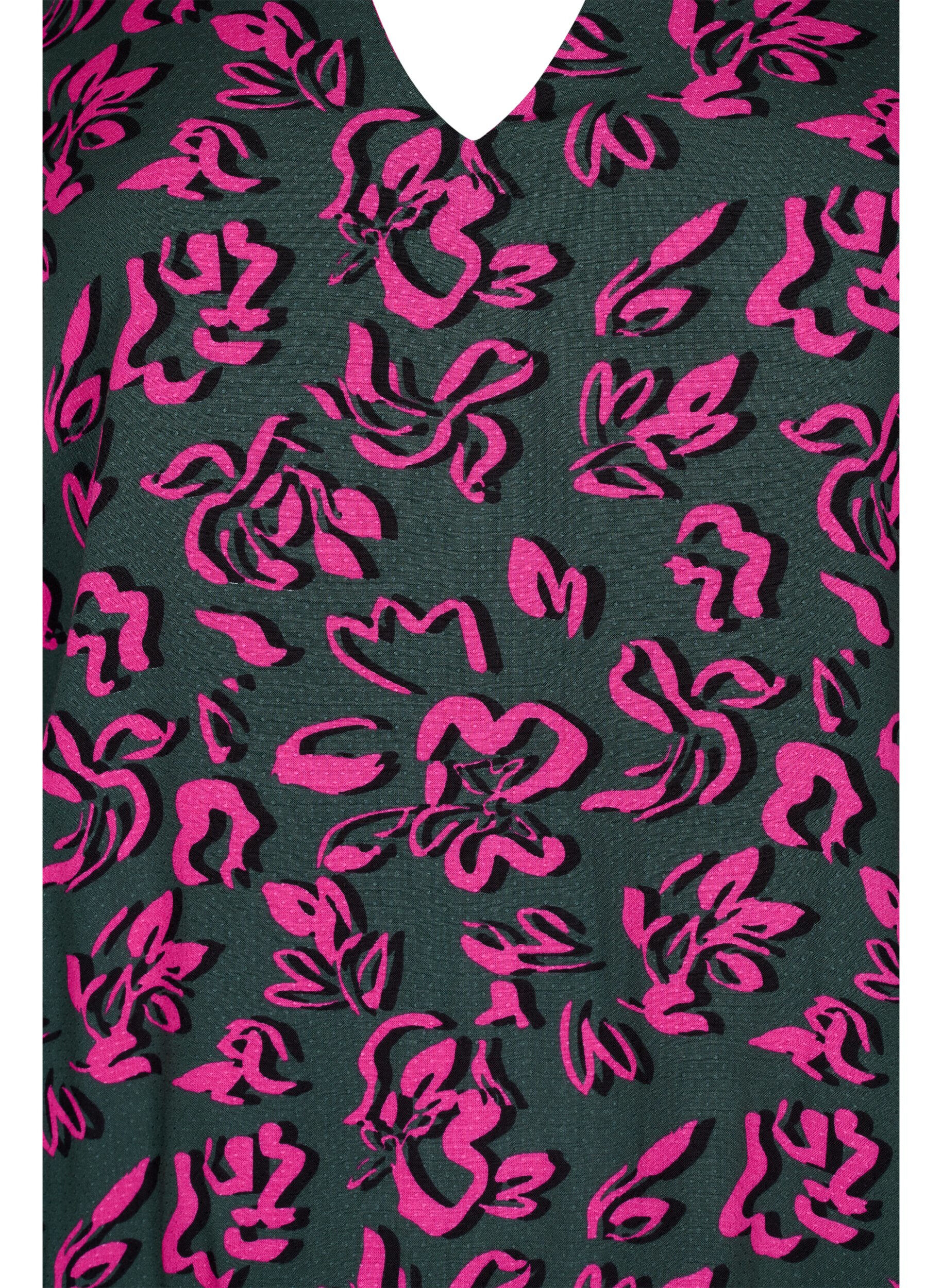 Zizzi Langermet bluse i viskose med smock, Deep Forest AOP, Packshot image number 2