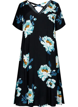 Blomstrete kjole med korte ermer i viskose, Black Big Flower, Packshot image number 0
