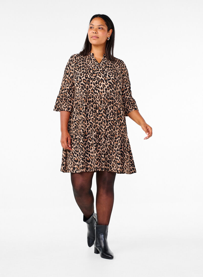 Kort A-linje kjole med leopardmønster, Brun, Model image number 1