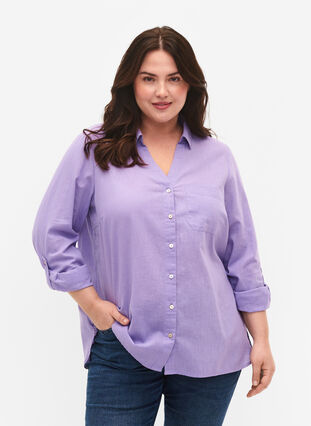 Skjortebluse med knappelukking i bomull-lin-blanding, Lavender, Model image number 0