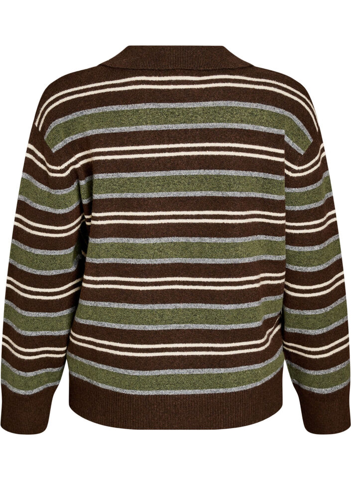 Strikkebluse med striper og poloskjorte krage, Brun, Packshot