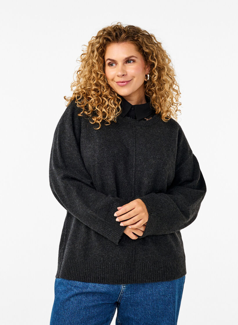 Strikket bluse med rund hals og midtsøm, Dark Grey Melange, Model image number 0