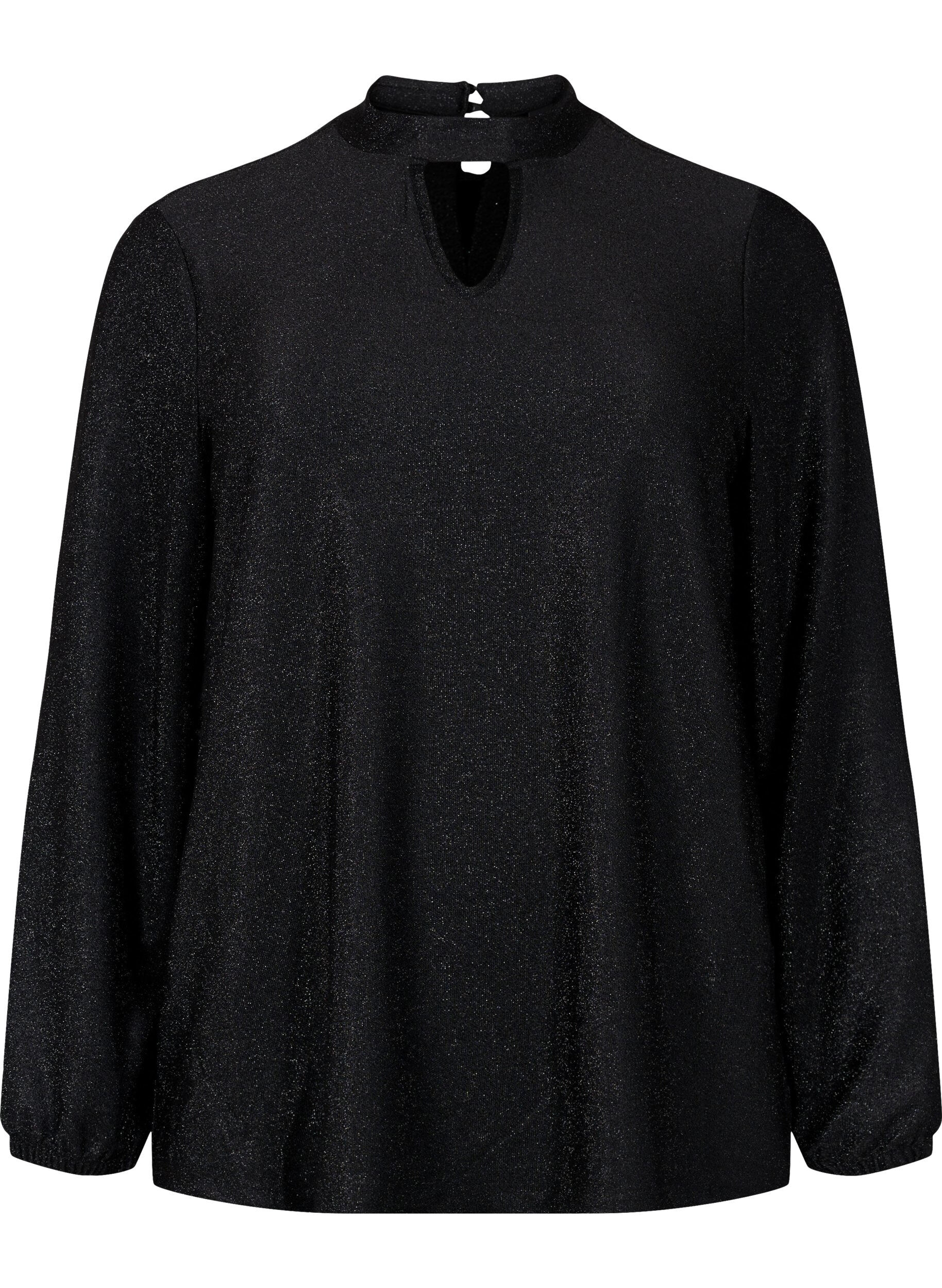 Zizzi Langermet bluse med glitter, rund hals og V-detalj, Black Black, Packshot image number 0