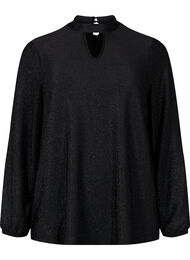 Langermet bluse med glitter, rund hals og V-detalj, Black Black