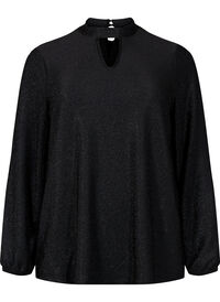 Langermet bluse med glitter, rund hals og V-detalj