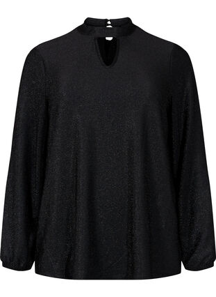 Langermet bluse med glitter, rund hals og V-detalj, Black Black, Packshot image number 0