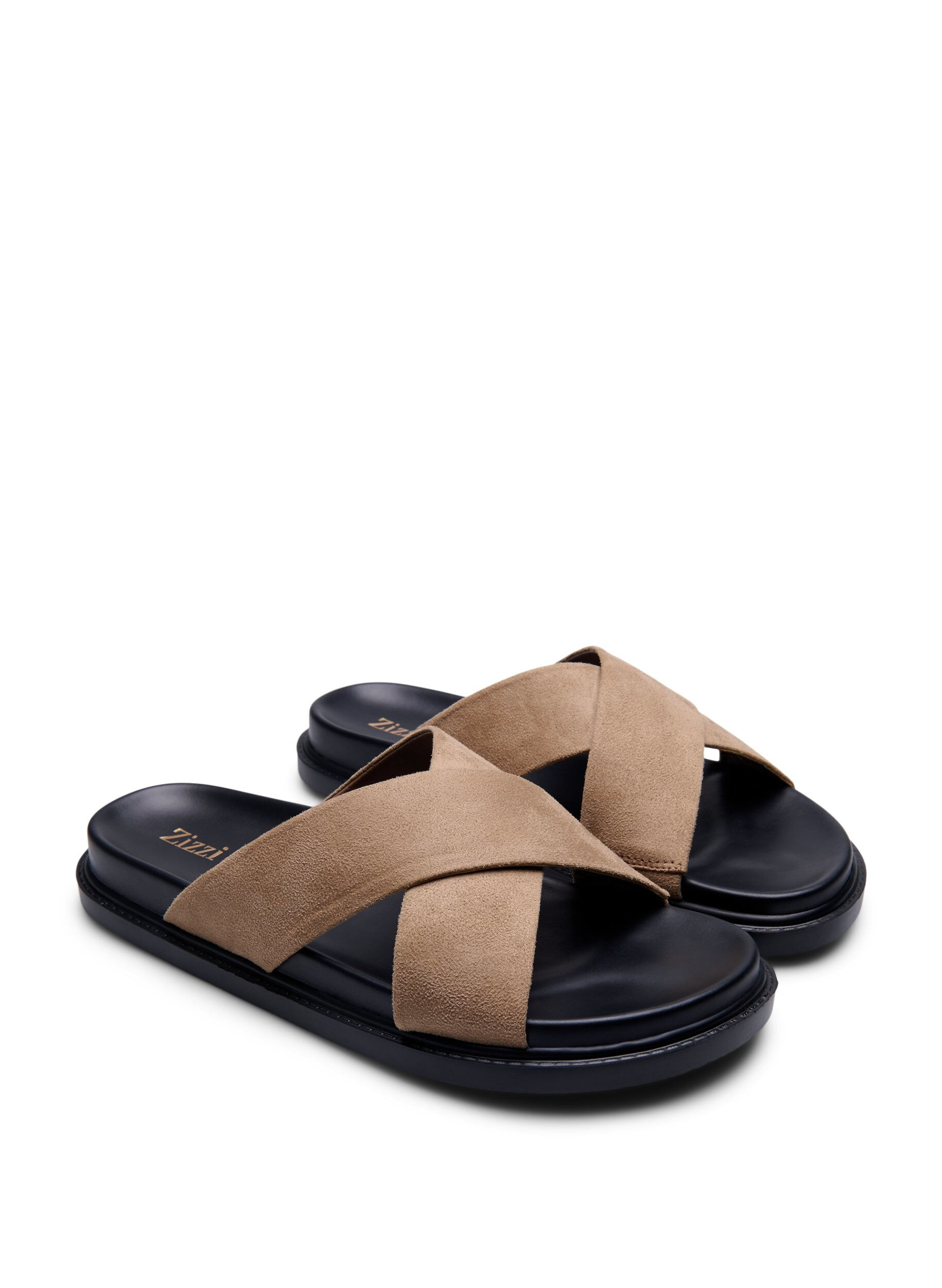 Zizzi Sandal i semsket imitert skinn med kryssreimer, Woodsmoke, Packshot image number 1