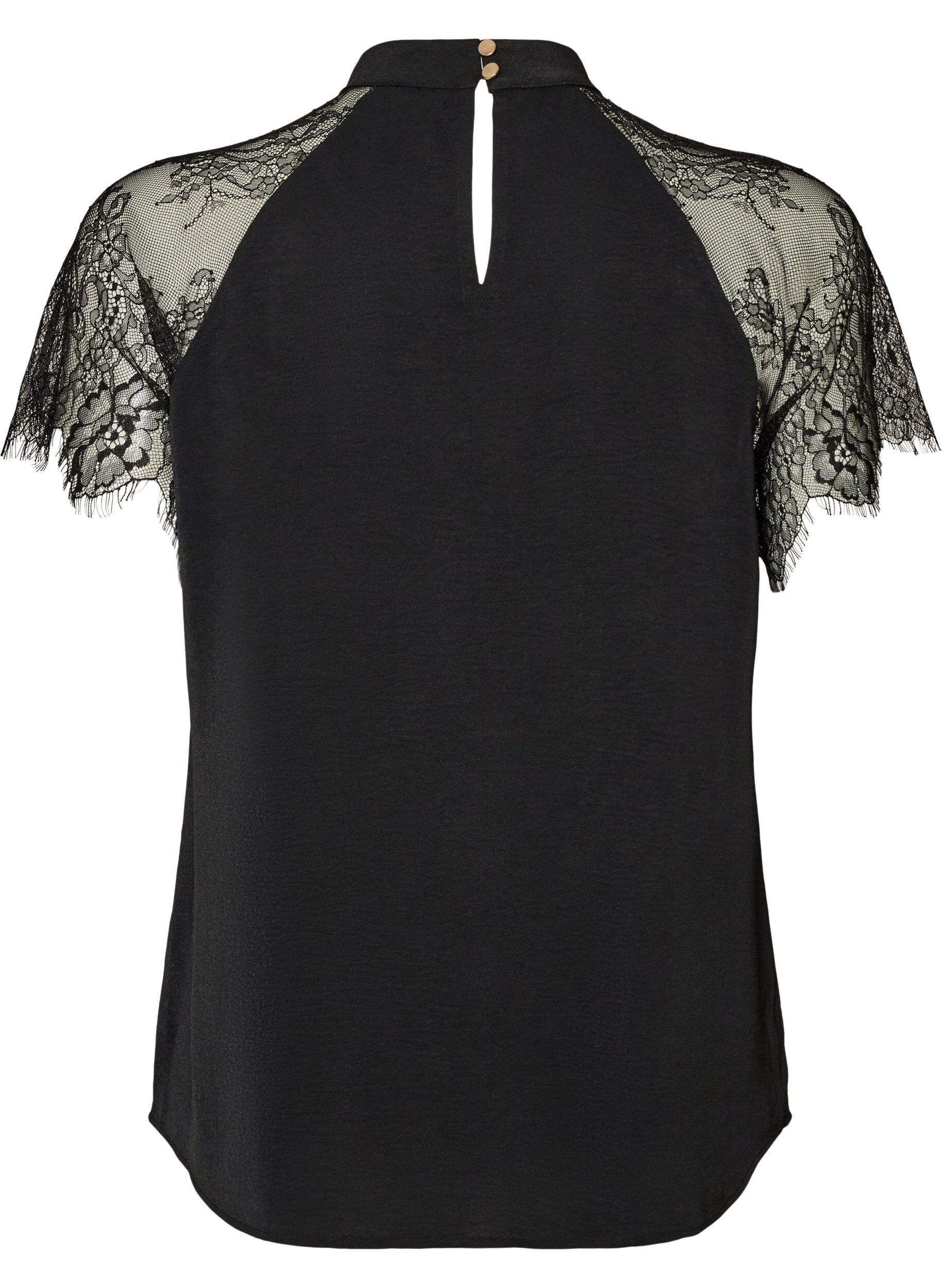 ZizziBluse med korte blondeermer og h&oslash;y hals, Svart, Packshot image number 1