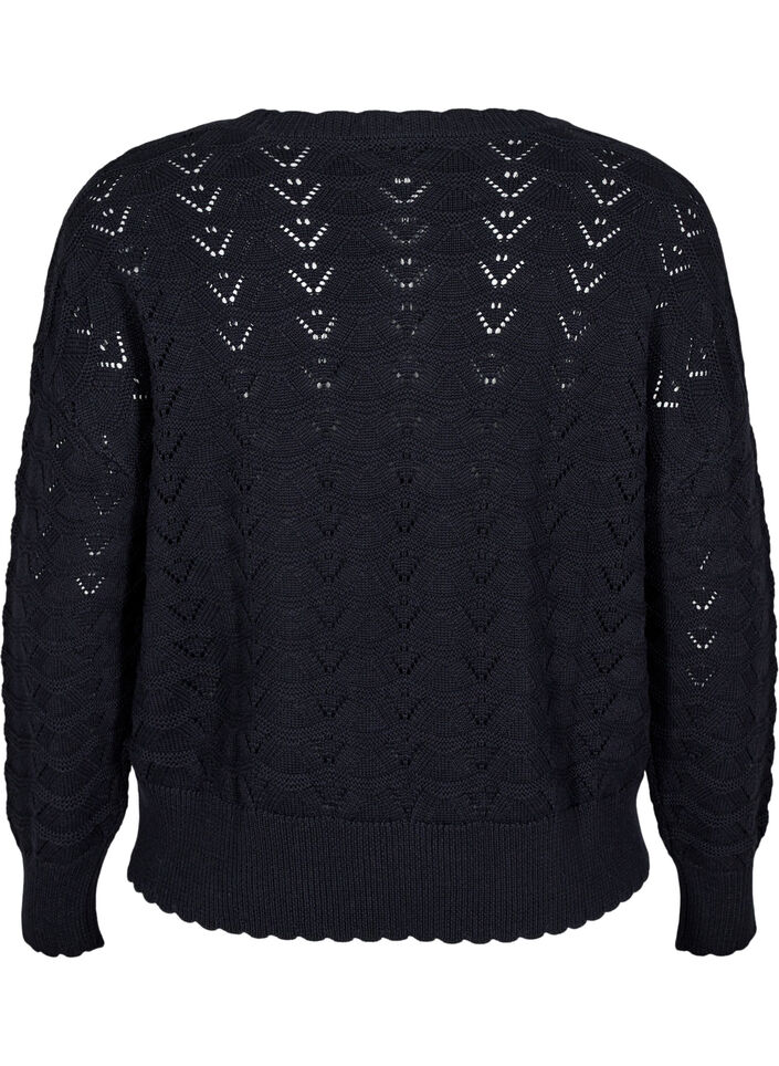 Langermet strikket bluse med et åpent mønster, Black, Packshot image number 1