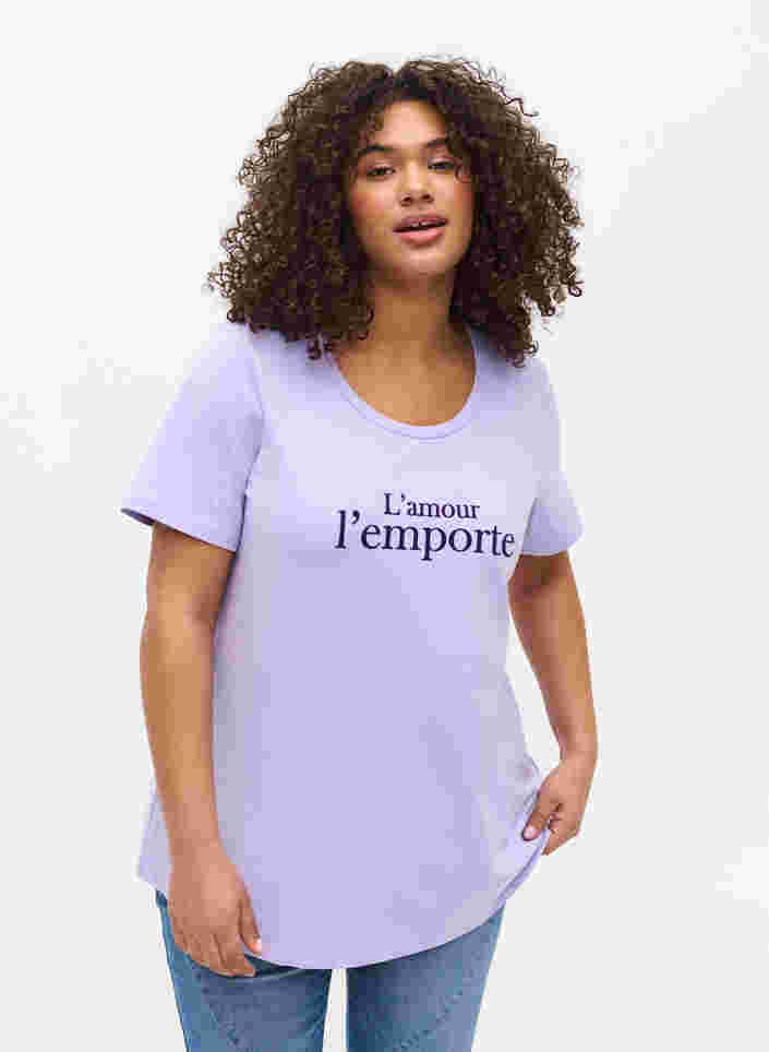 Kortermet T-skjorte i bomull med mønster,  Lavender LAMOUR, Model