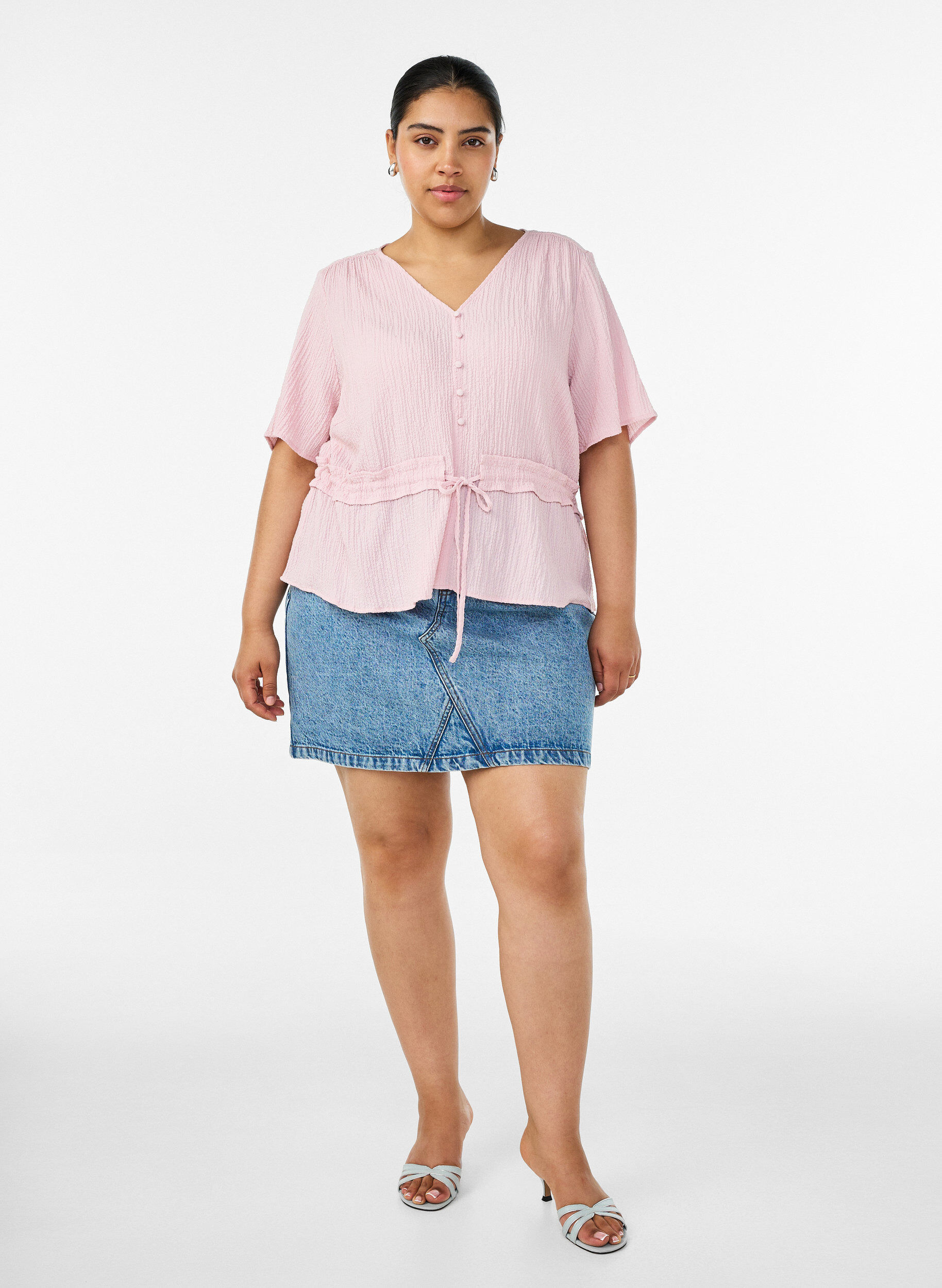 ZizziBluse med tekstur og knytebelte, Rosa, Model image number 1