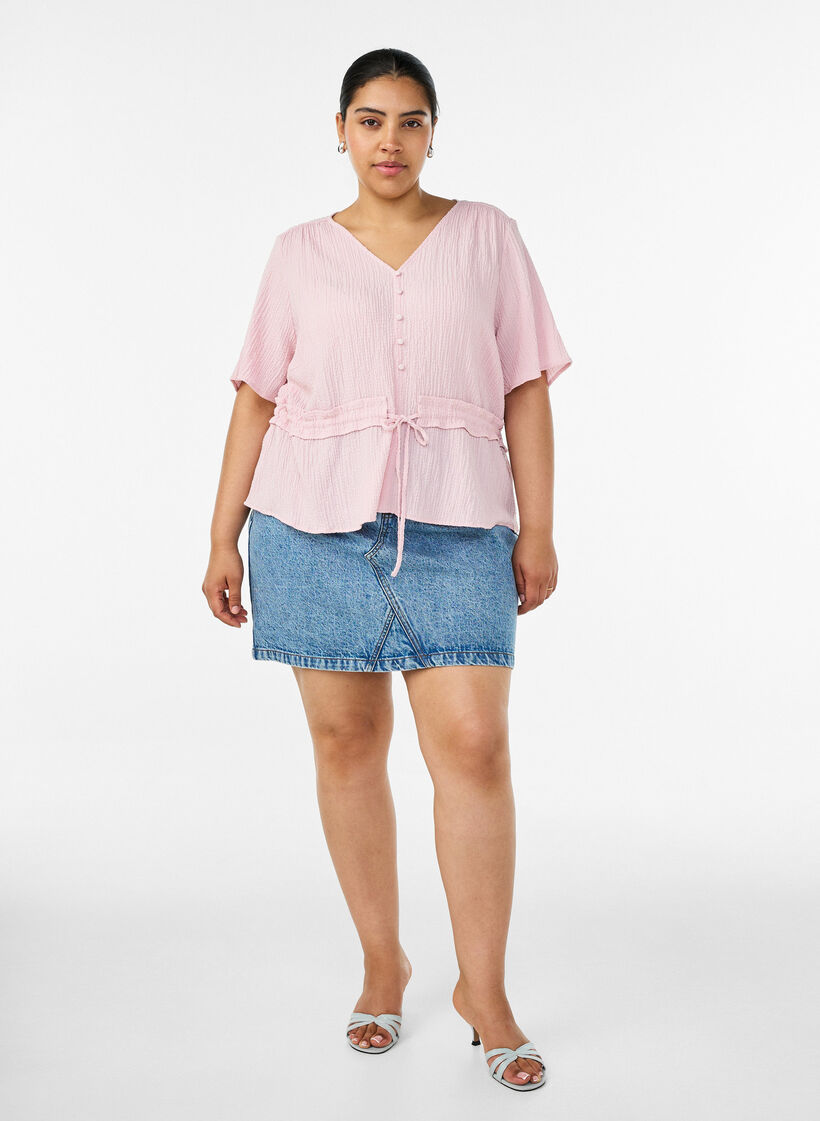 Bluse med tekstur og knytebelte, Rosa, Model image number 1