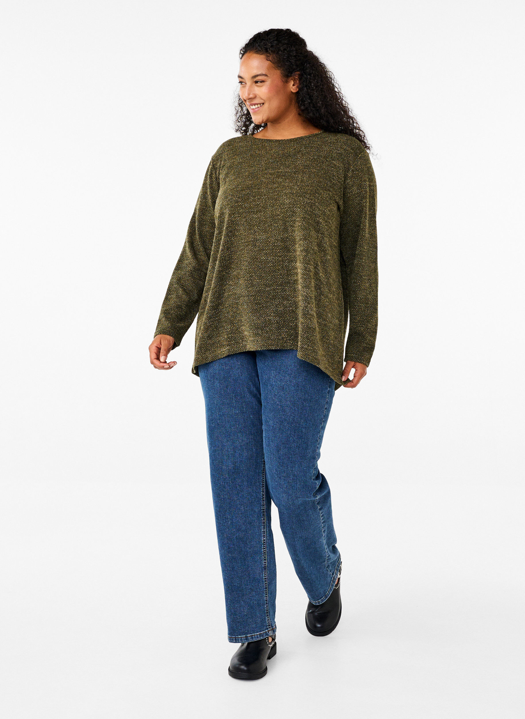 Zizzi Melange Bluse med rund hals og lange ermer, Winter Moss, Model image number 2