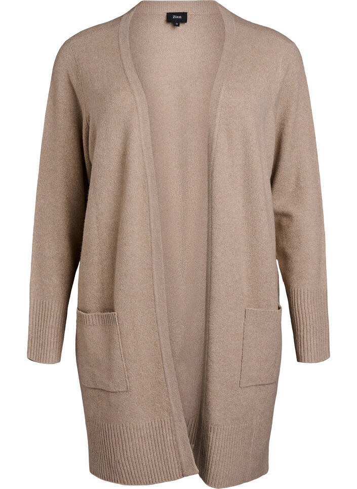 Ribbestrikket cardigan med lommer, Beige, Packshot image number 0
