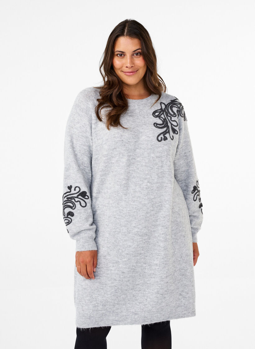Strikket kjole med dekor, Light Grey Melange, Model image number 0