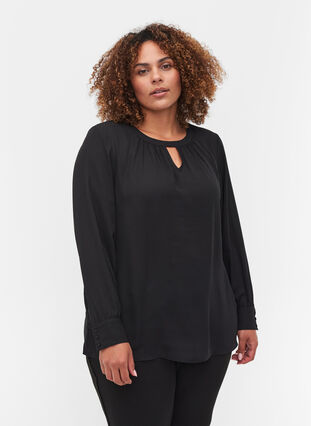 Bluse med lange ermer, Black, Model image number 0