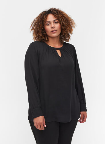 Bluse med lange ermer, Black, Model image number 0