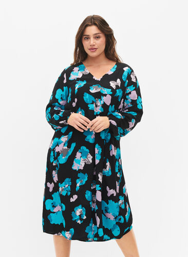 Langermet viskose kjole med print, Blue AOP, Model image number 0