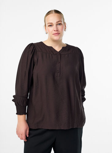 Zizzi Viskosebluse med smock og rynkede detaljer, Brun, Model image number 0