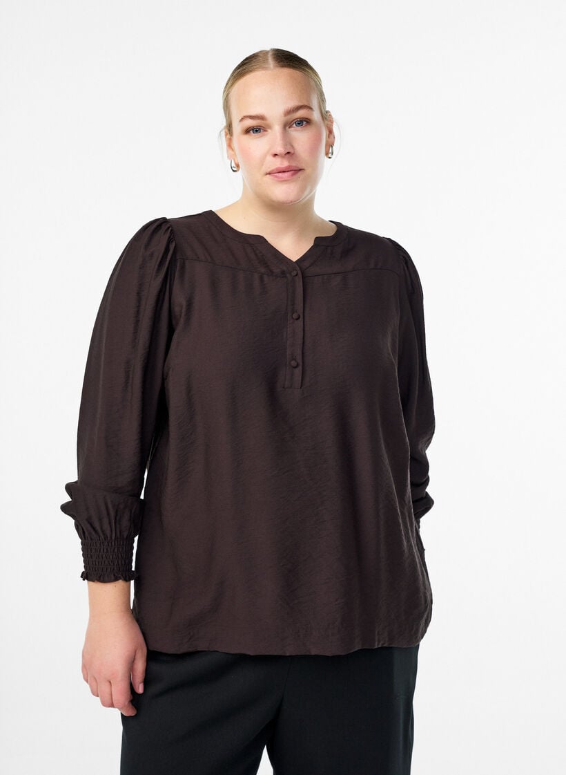 Viskosebluse med smock og rynkede detaljer, Brun, Model image number 0