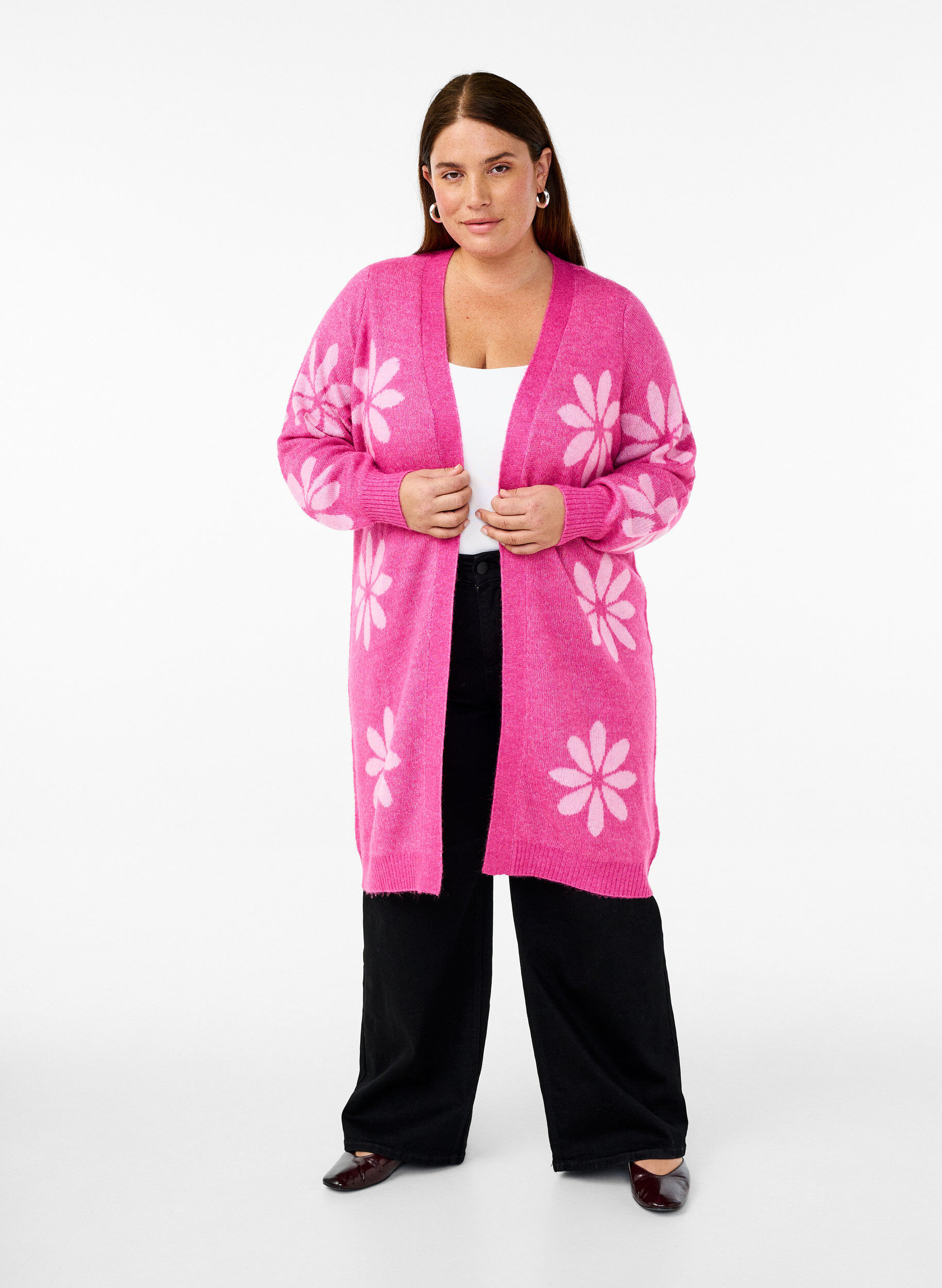Zizzi Lang strikket cardigan med blomster, Raspberry Rose Comb, Model image number 0