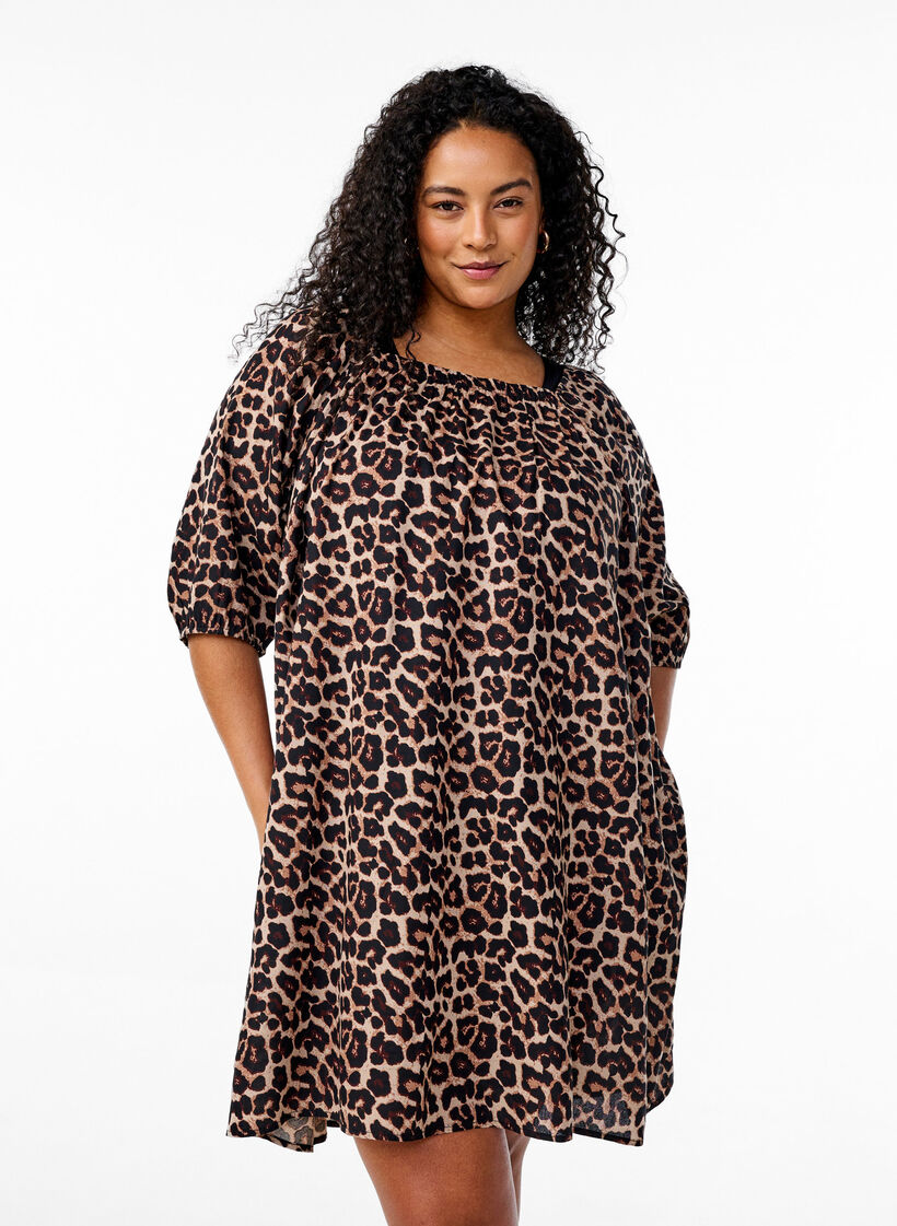 Strandkjole i viskose med trykk, Beige, Model image number 0