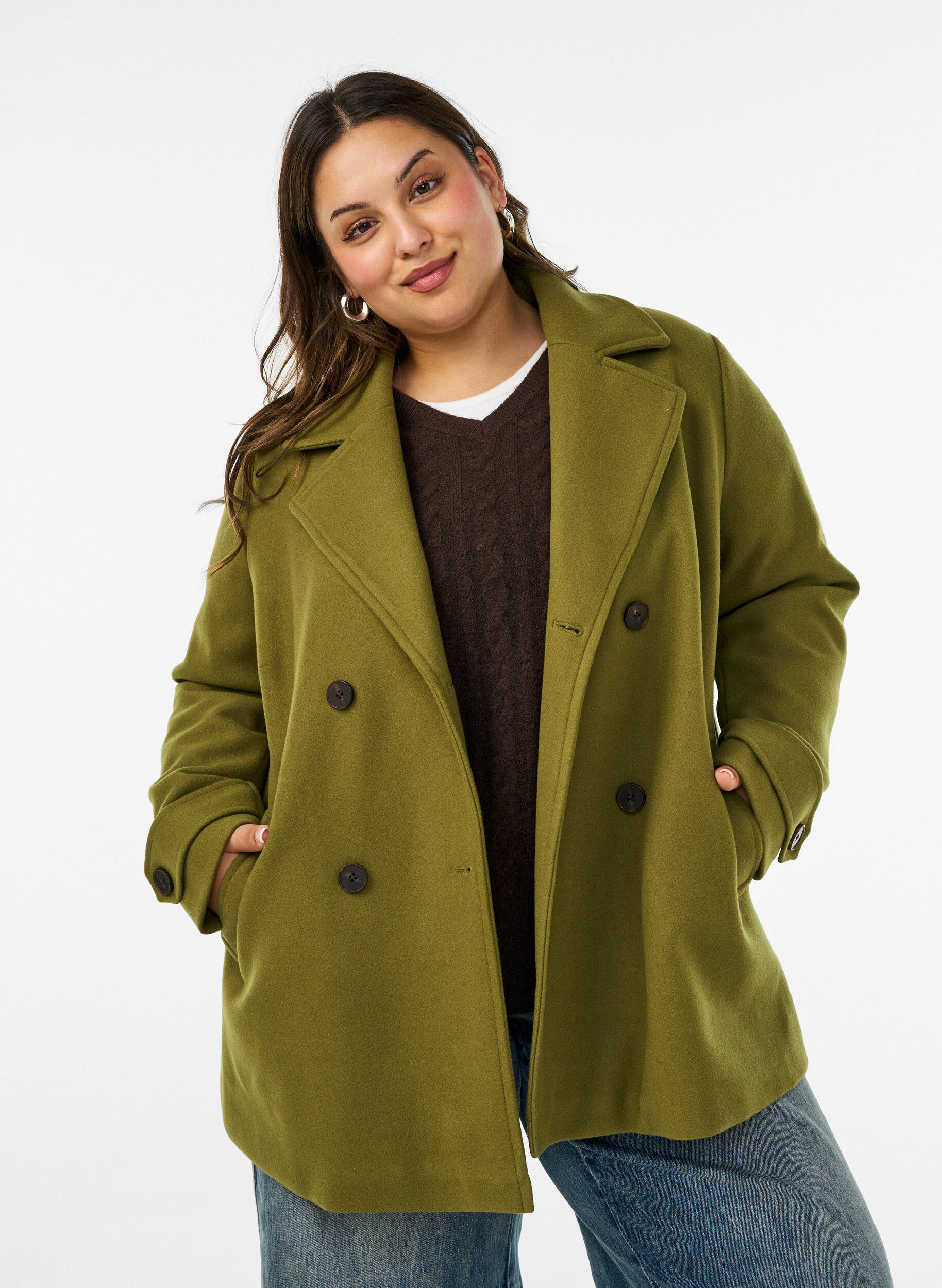 Kort k&aring;pe med dobbeltradede knapper, Gr&oslash;nn, Model