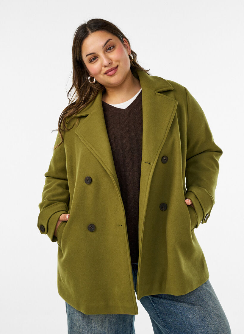 Kort k&aring;pe med dobbeltradede knapper, Gr&oslash;nn, Model image number 0