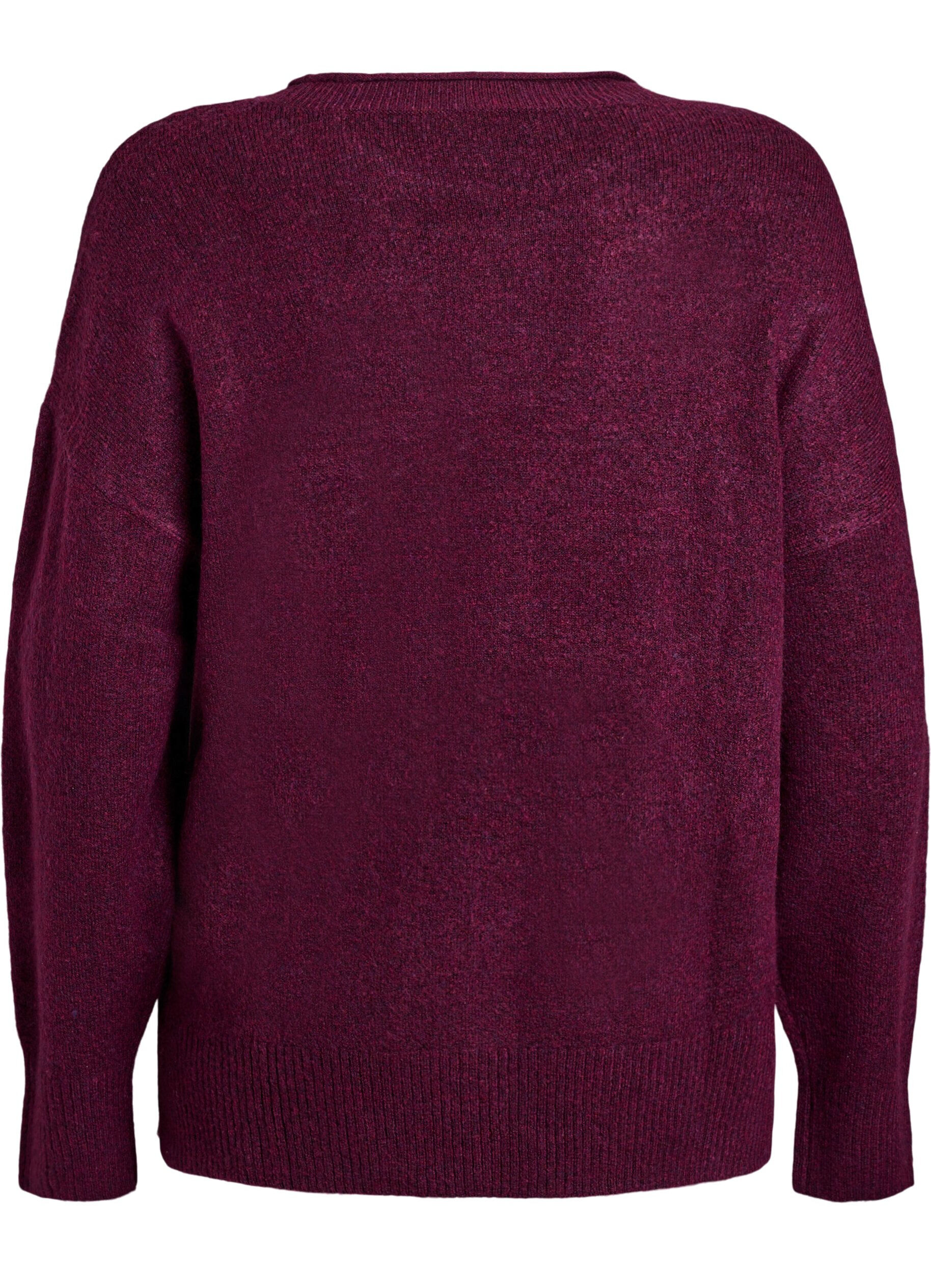 Zizzi Strikkebluse med V-formet ribbem&oslash;nster og splitter, Lilla, Packshot image number 1