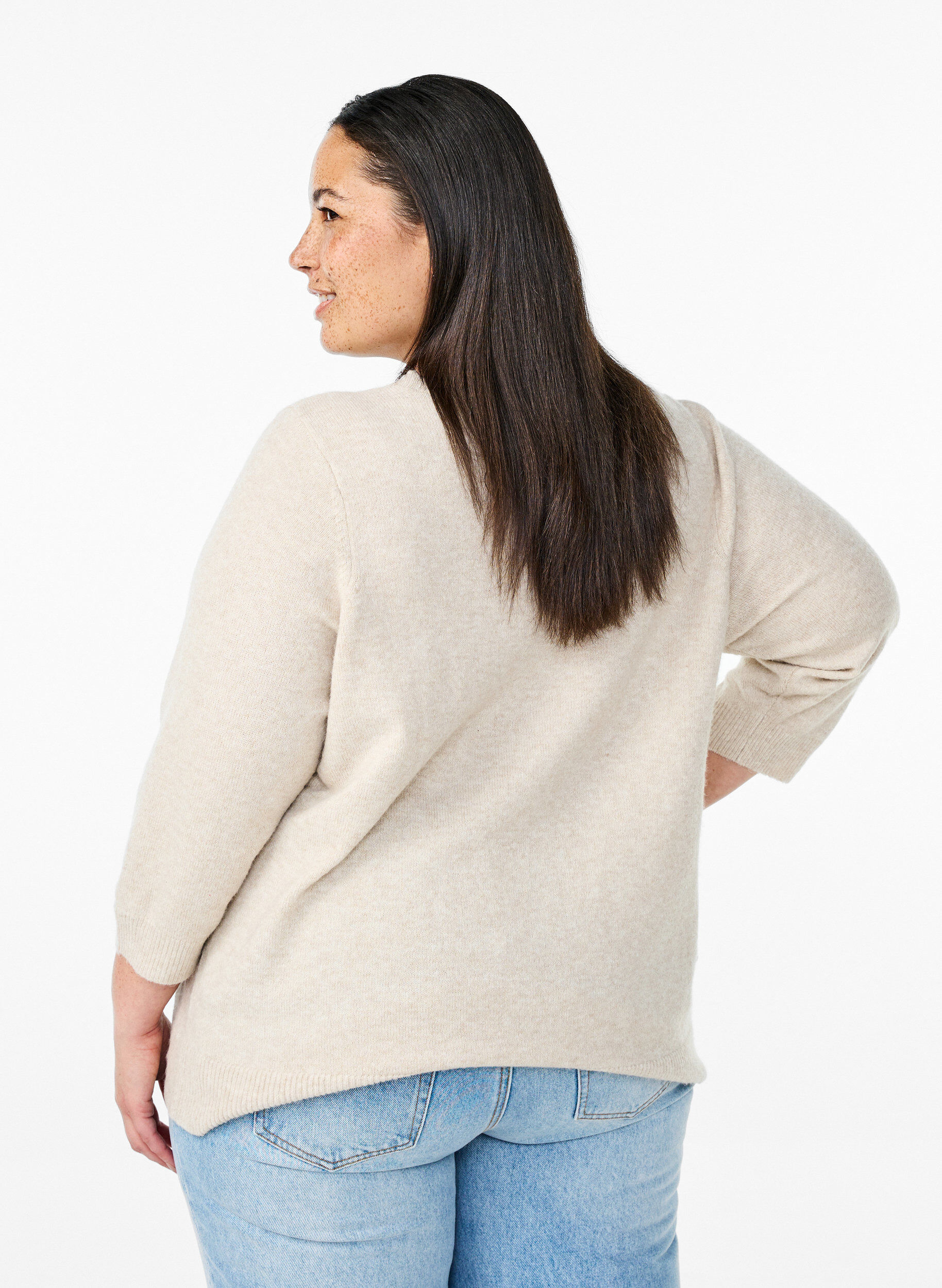 Zizzi Strikket bluse med blomster og 3/4 ermer, Pumice Stone Mel., Model image number 1