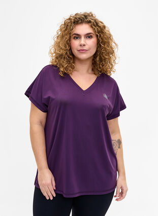 Løstsittende trenings-t-skjorte med v-hals, Purple Pennant, Model image number 0