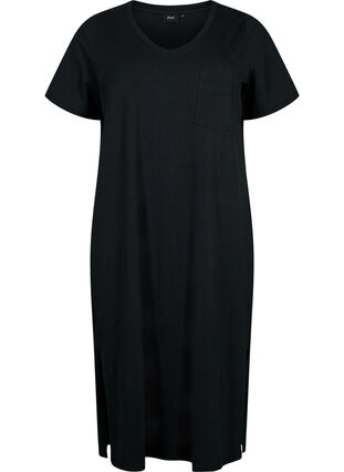 Kortermet kjole i bomull med splitt, Black, Packshot image number 0