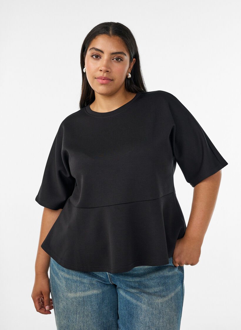 Peplumbluse med albuelange ermer, Svart, Model image number 0
