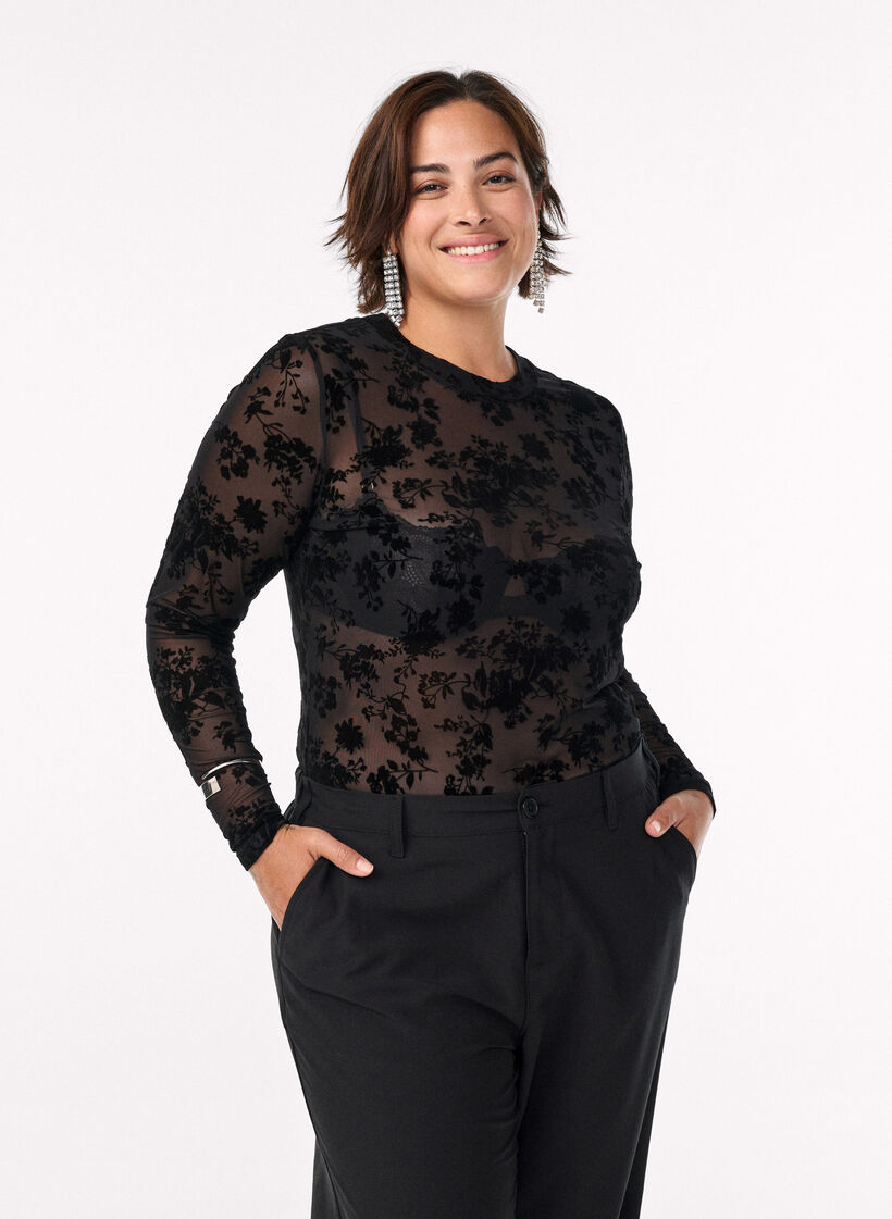 Bluse i mesh med blomstertrykk, Svart, Model image number 0