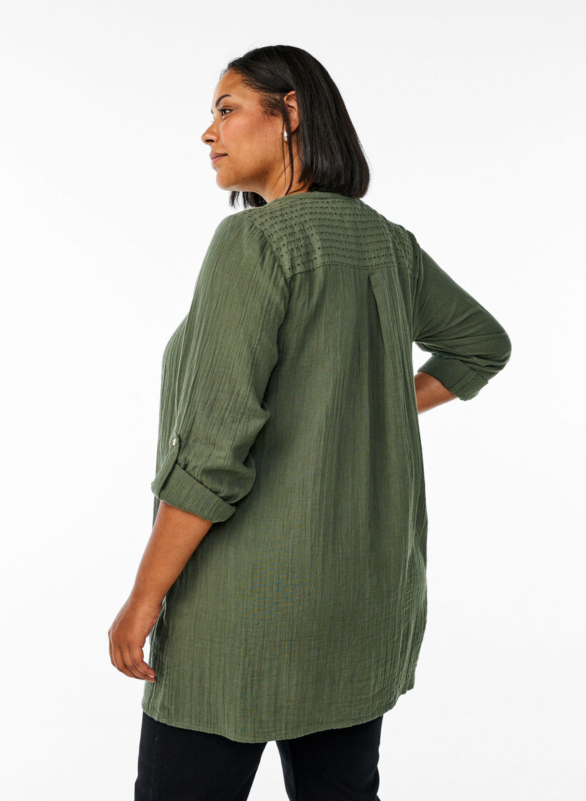 Bomulds muslin-tunika med broderie anglaise, Gr&oslash;nn, Model image number 2