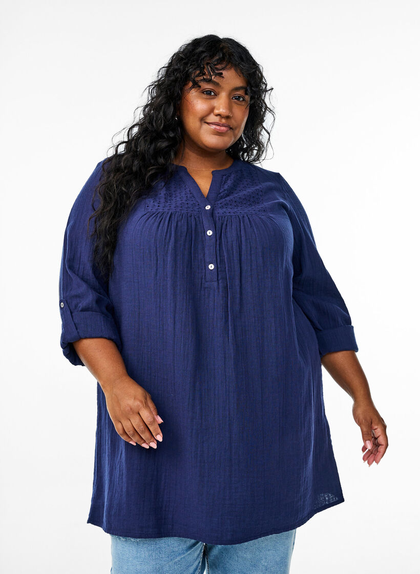 Bomulds muslin-tunika med broderie anglaise, Bl&aring;, Model image number 0
