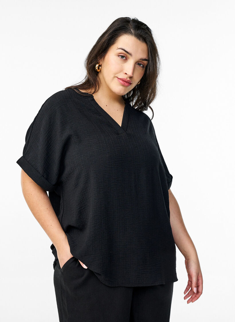 L&oslash;s bluse med korte ermer, Svart, Model image number 0