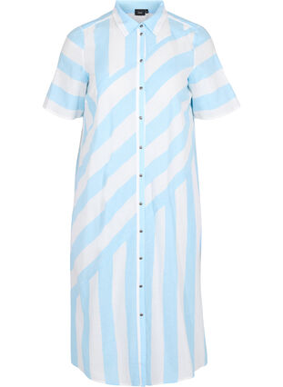 Kortermet skjortekjole i bomull med striper, Blue Bell Stripe, Packshot image number 0