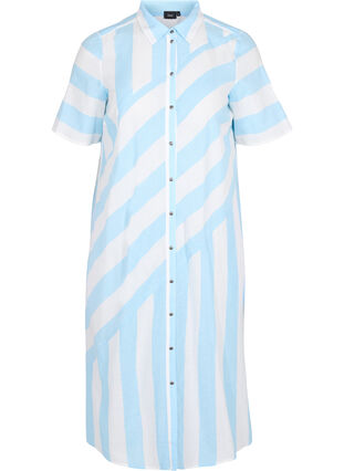 Kortermet skjortekjole i bomull med striper, Blue Bell Stripe, Packshot image number 0