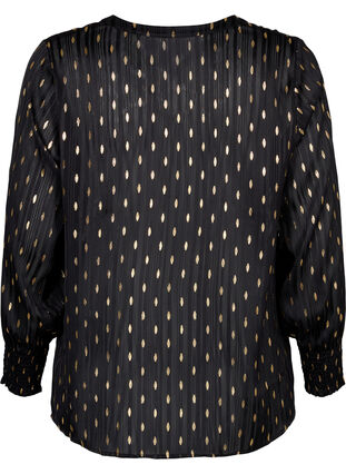 Mønstrete bluse med smock og V-hals, Black w. Gold, Packshot image number 1