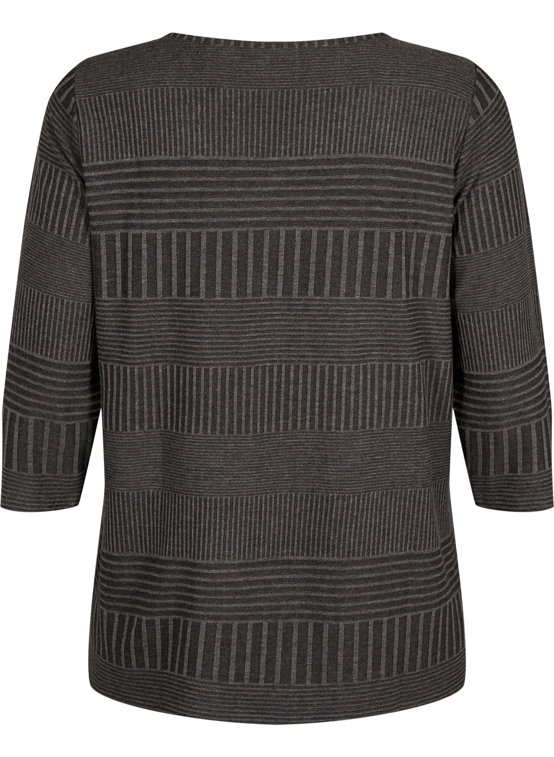 Zizzi Bluse med 3/4-ermer og stripem&oslash;nster, Dark Grey Melange, Packshot image number 1