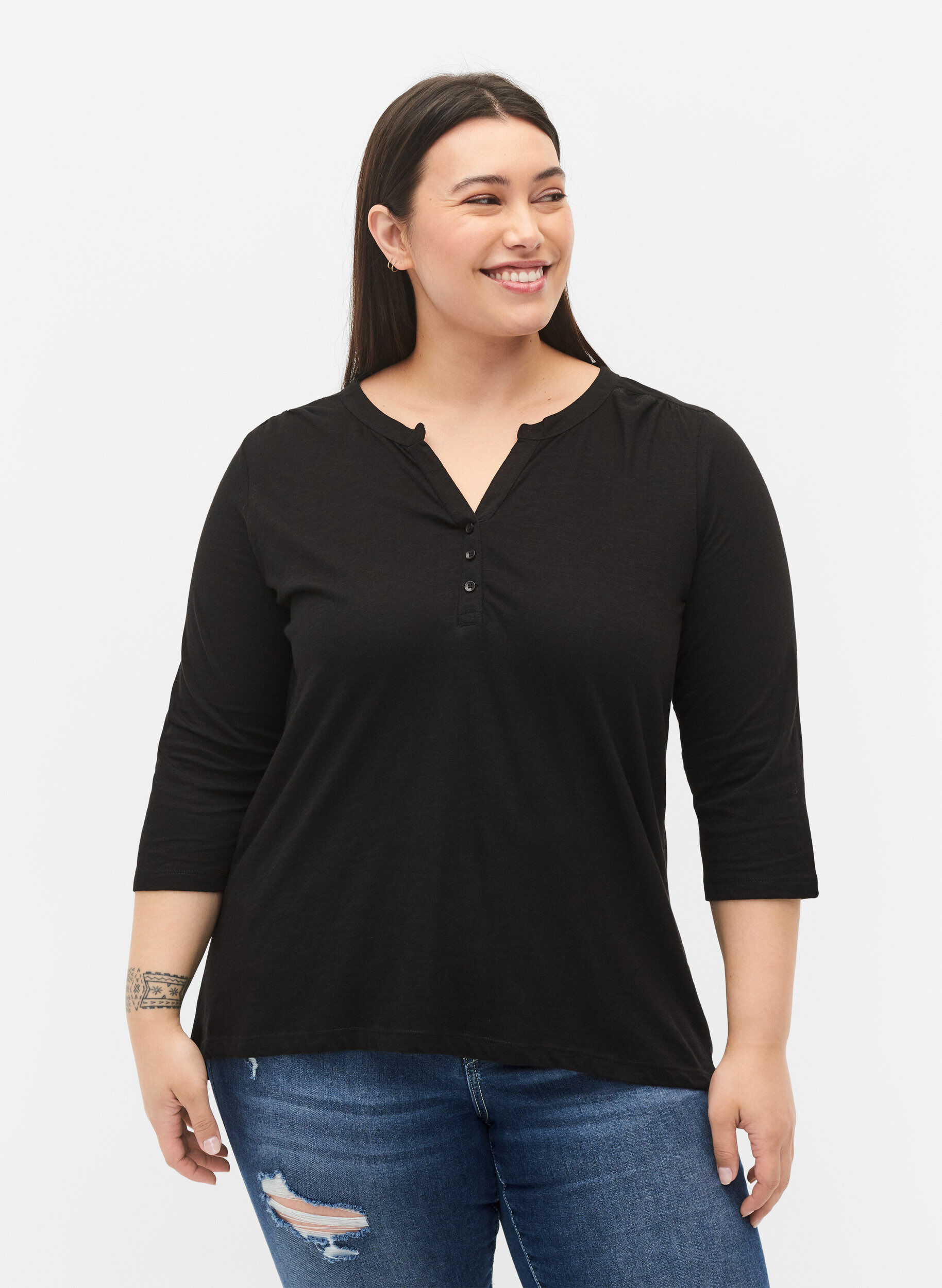Zizzi Bluse i bomull med 3/4-ermer, Black, Model image number 0