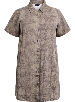 Zizzi Kort denim skjortekjole med slangeprint, Light Snake AOP, Packshot image number 0