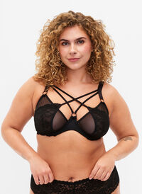 Heldekkende BH med snor og blonder, Black, Model