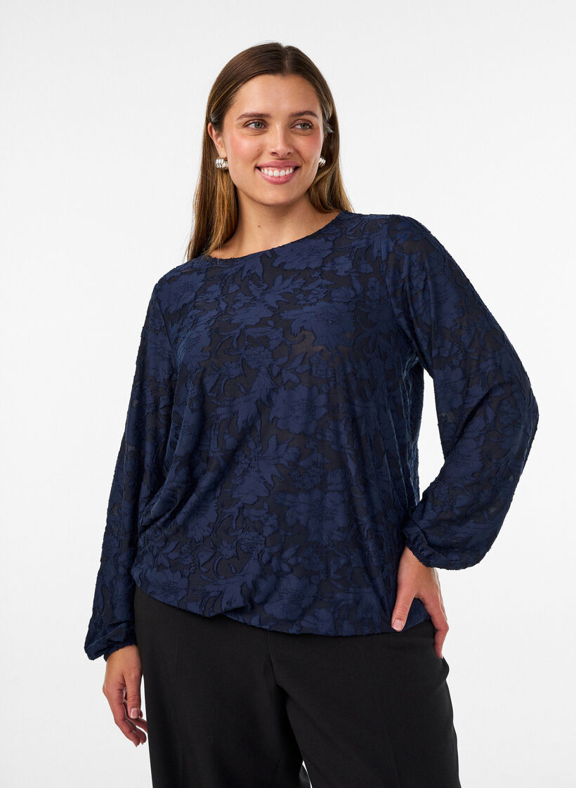 Gjennomsiktig bluse med blomstertekstur og lange ermer, Bl&aring;, Model image number 0