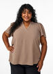 Bluse med korte volangermer og V-hals, Brun, Model image number 0